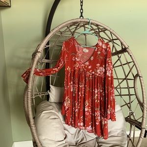 red long sleeve floral mini dress - babydoll dress - flutter dress - tunic dress